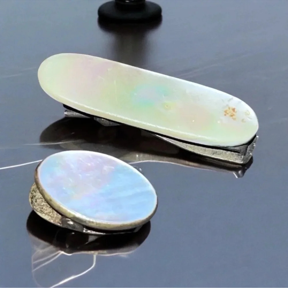 Vintage Mother of Pearl Gold Tone Dress Clip Hair Barrette Tie Clip Set of 2 - Picture 6 of 6